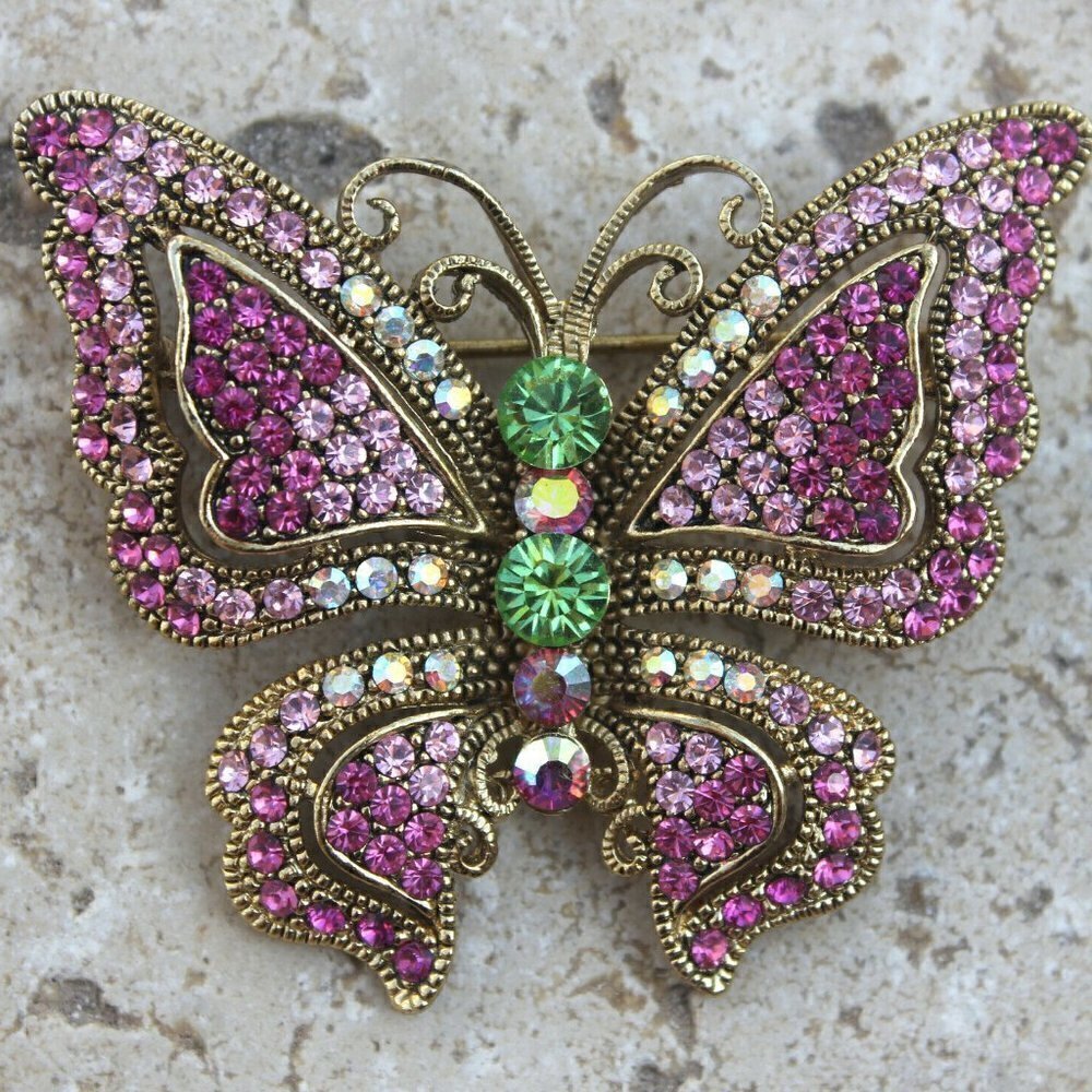 Fushia Light Pink Green Aurora Borealis Crystal Gold Plated Butterfly Brooch Pin